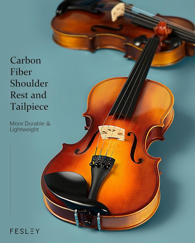 Fesley Violin Fiddle Full Set: 4/4 Polished Violin Kit for Beginners, Acoustic Violin with Hard Case, Solidwood Hand Made Starter Kit with Bow, Rosin, Shoulder Rest, Tuner, Extra Strings - Image 4